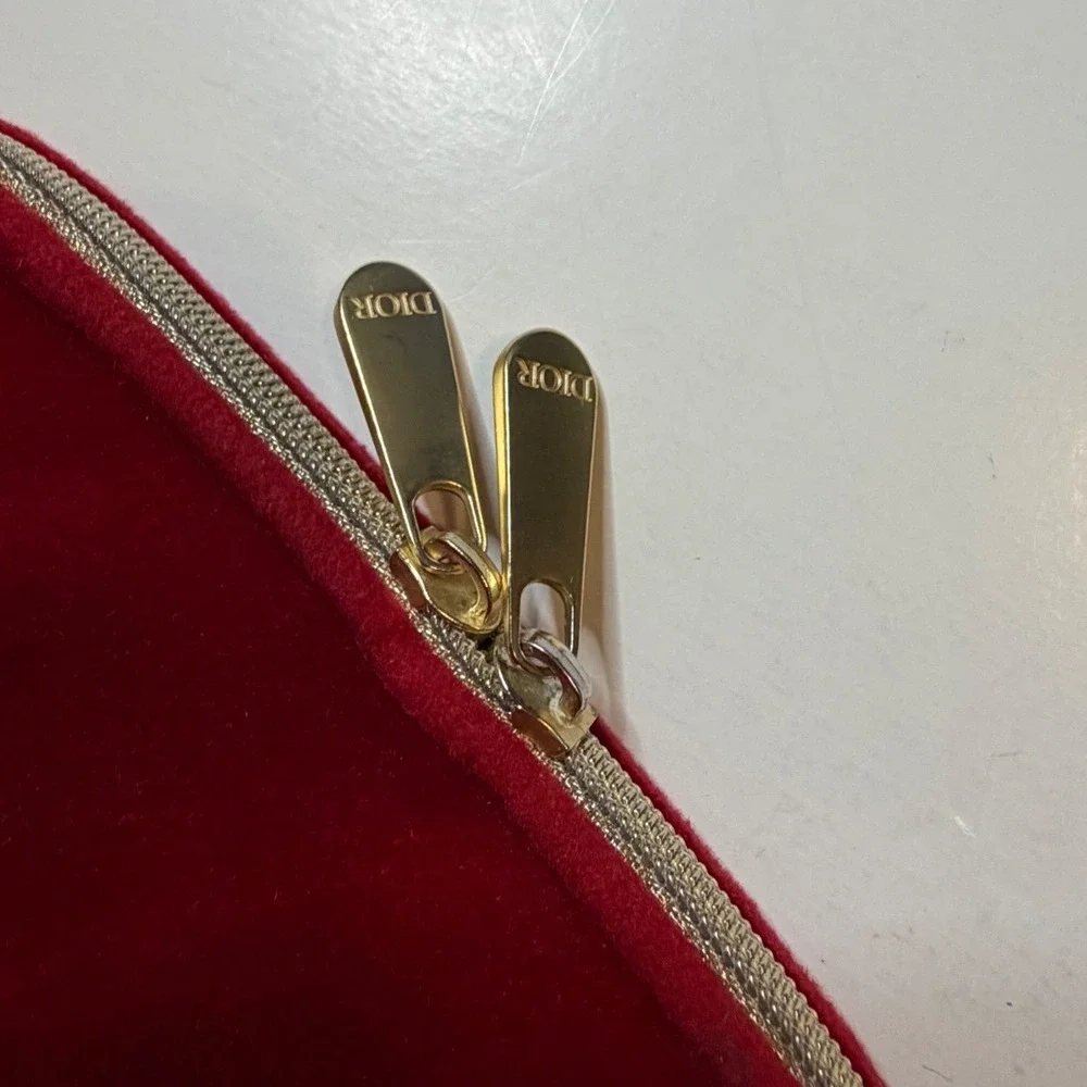 Dior Beauty Red Velvet Cosmetic Pouch Makeup Bag Gold Zipper toiletry bag